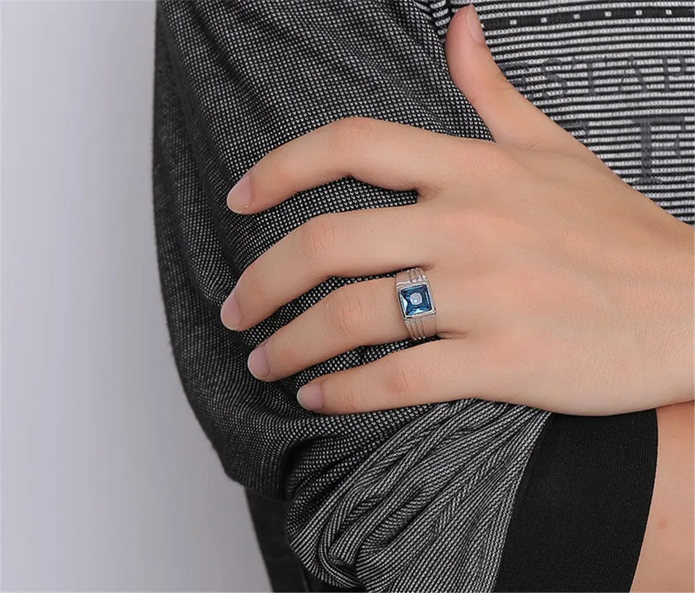 Square Aquamarine Gemstone Men's Ring Stainless Steel Diamond Jewelry