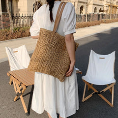 Square Hollow Straw Beach Bag Woven Rattan Shoulder Bag