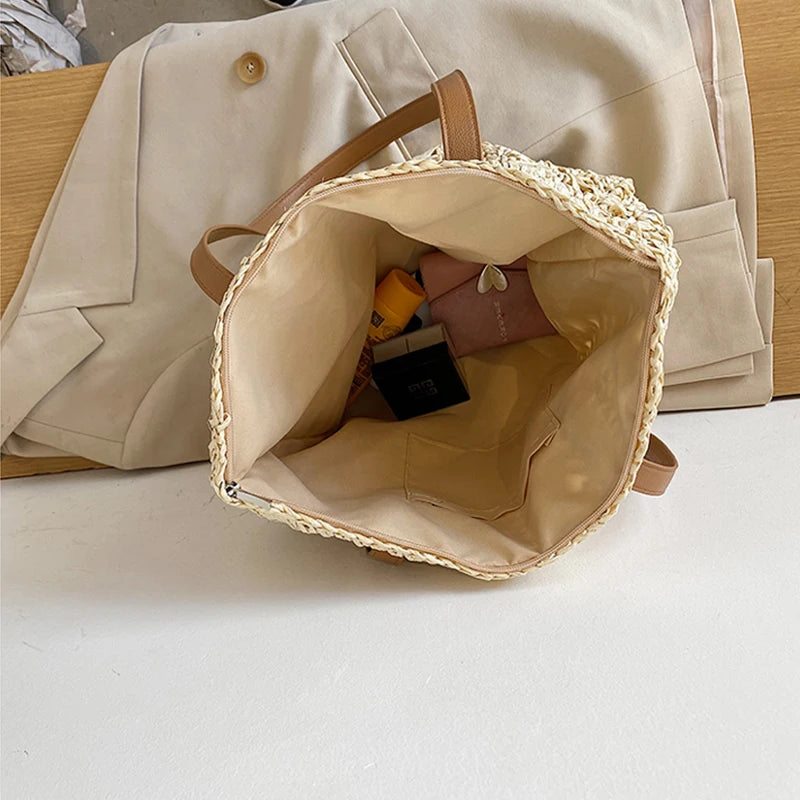 Hollow Straw Beach Bag Woven Rattan Shoulder Bag Bohemian Summer Vacation Tote