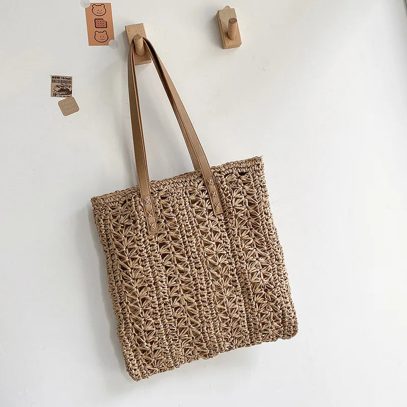Hollow Straw Beach Bag Woven Rattan Shoulder Bag Bohemian Summer Vacation Tote