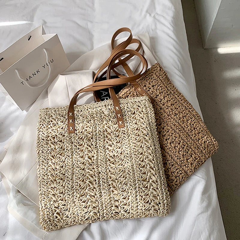 Hollow Straw Beach Bag Woven Rattan Shoulder Bag Bohemian Summer Vacation Tote