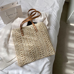 Hollow Straw Beach Bag Woven Rattan Shoulder Bag Bohemian Summer Vacation Tote