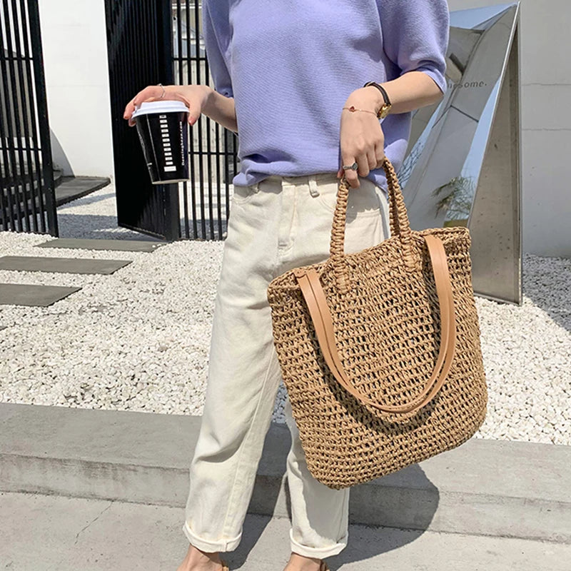 Square Hollow Straw Beach Crossbody Bag Rattan Shopping Handbags