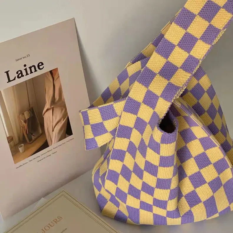 Plaid Shopping Bags Foldable Shoulder Handbag Reusable Purses Girls Bag