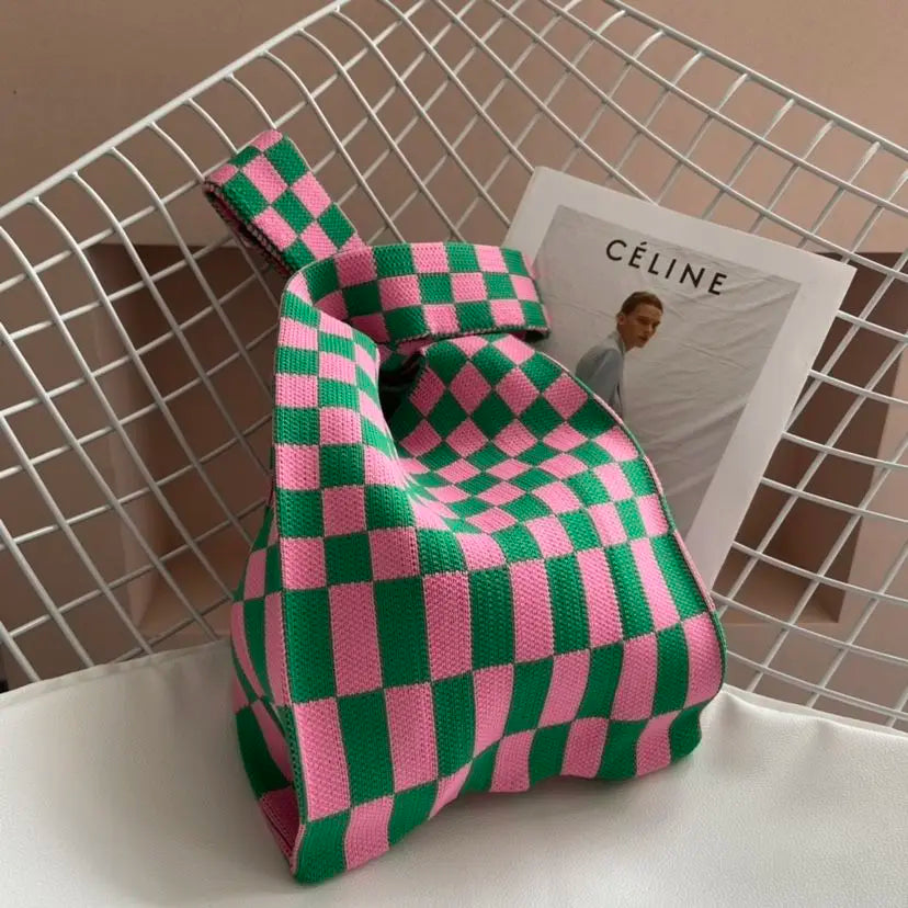 Plaid Shopping Bags Foldable Shoulder Handbag Reusable Purses Girls Bag