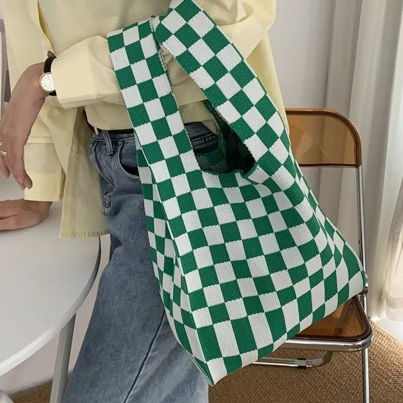 Plaid Shopping Bags Foldable Shoulder Handbag Reusable Purses Girls Bag