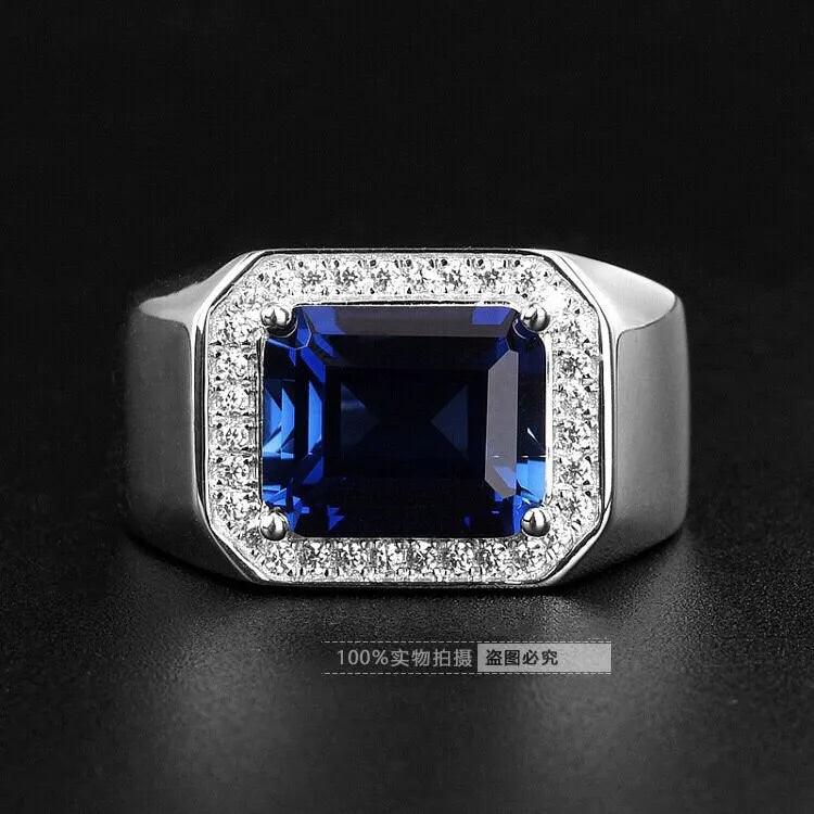 Men's Square Sapphire&Emerald Green Diamond Gemstone Ring