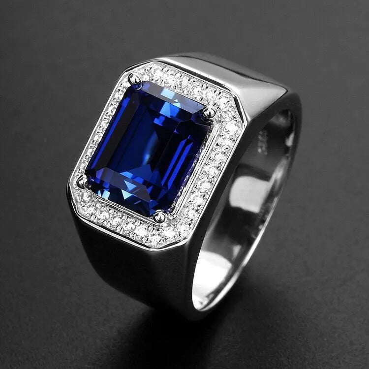 Men's Square Sapphire&Emerald Green Diamond Gemstone Ring