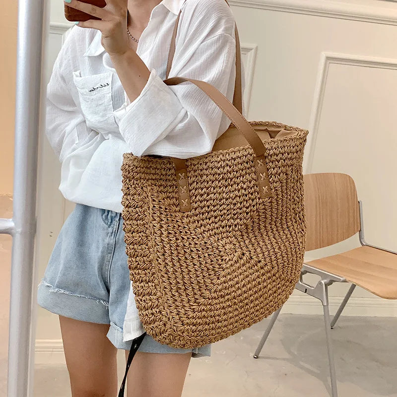 Square Straw Beach Bag Woven Shoulder Bag Raffia Shopper Travel Bag