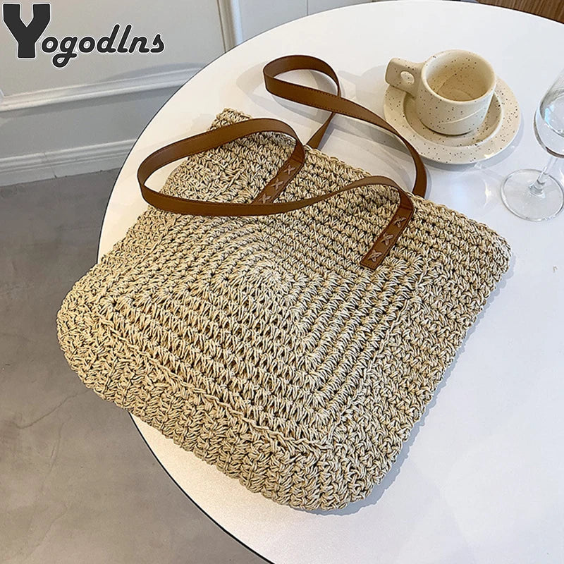 Square Straw Beach Bag Woven Shoulder Bag Raffia Shopper Travel Bag