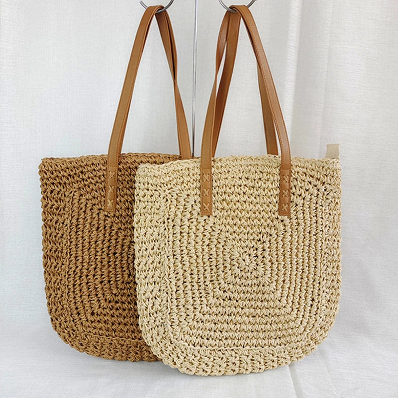 Square Straw Beach Bag Woven Shoulder Bag Raffia Shopper Travel Bag
