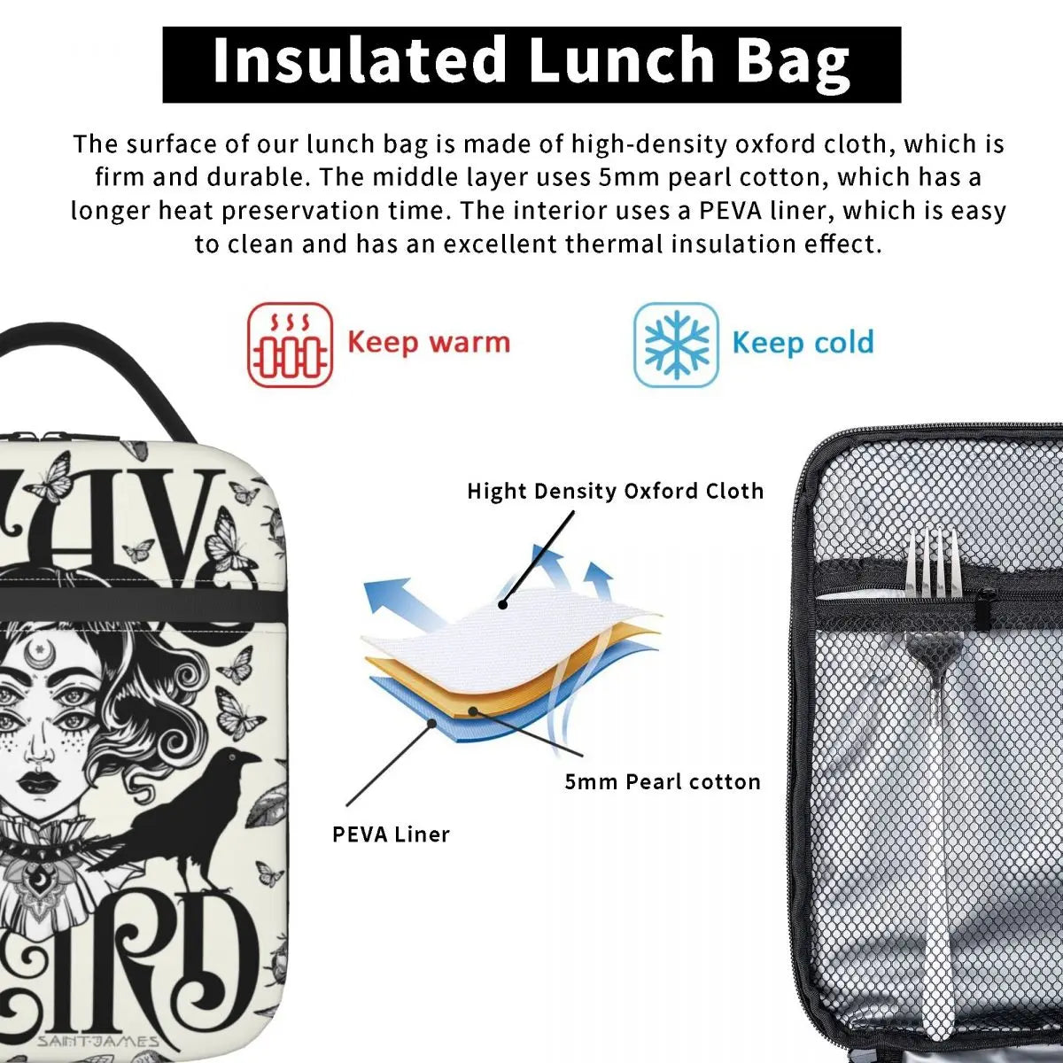 Stay Weird Insulated Lunch Bag for Women Leakproof Halloween Witch Cooler