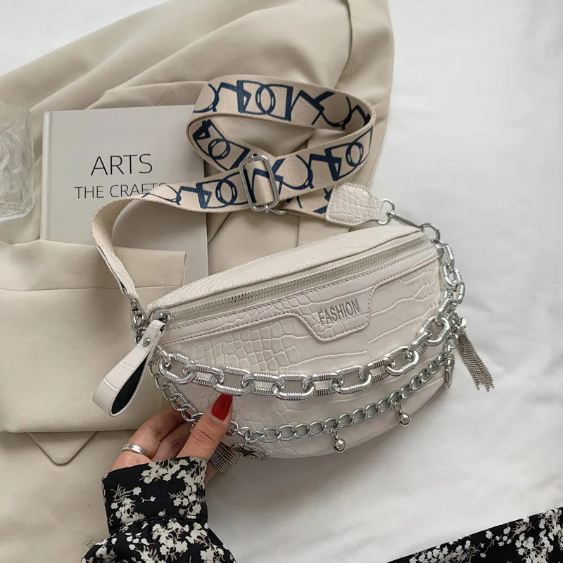 Stone Pattern Chain Waist Bags Women's Leather Fanny Pack