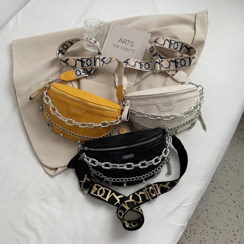 Stone Pattern Chain Waist Bags Women's Leather Fanny Pack