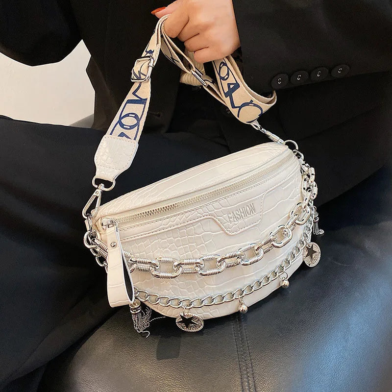 Stone Pattern Chain Waist Bags Women's Leather Fanny Pack