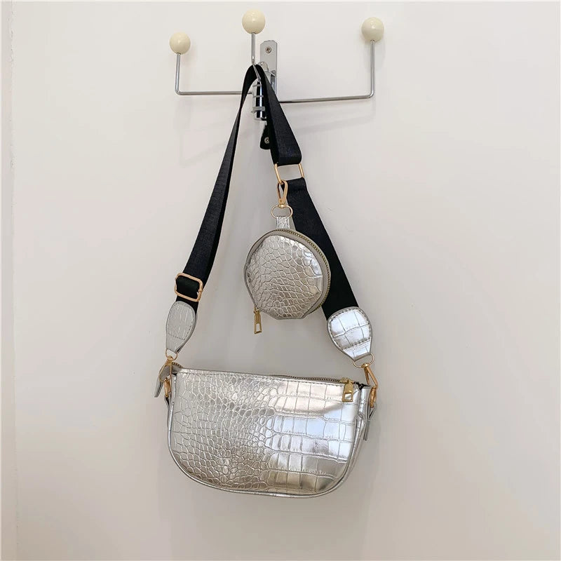 Stone Pattern Crossbody Bag Women Shoulder Bag PU Leather Handbag 2-Piece Set