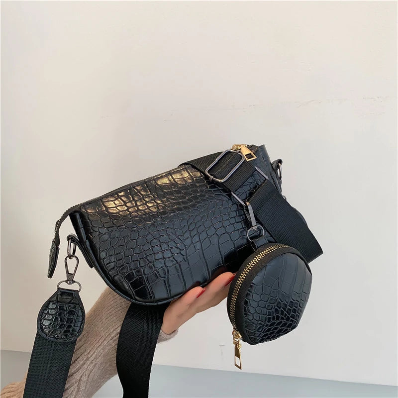 Stone Pattern Crossbody Bag Women Shoulder Bag PU Leather Handbag 2-Piece Set