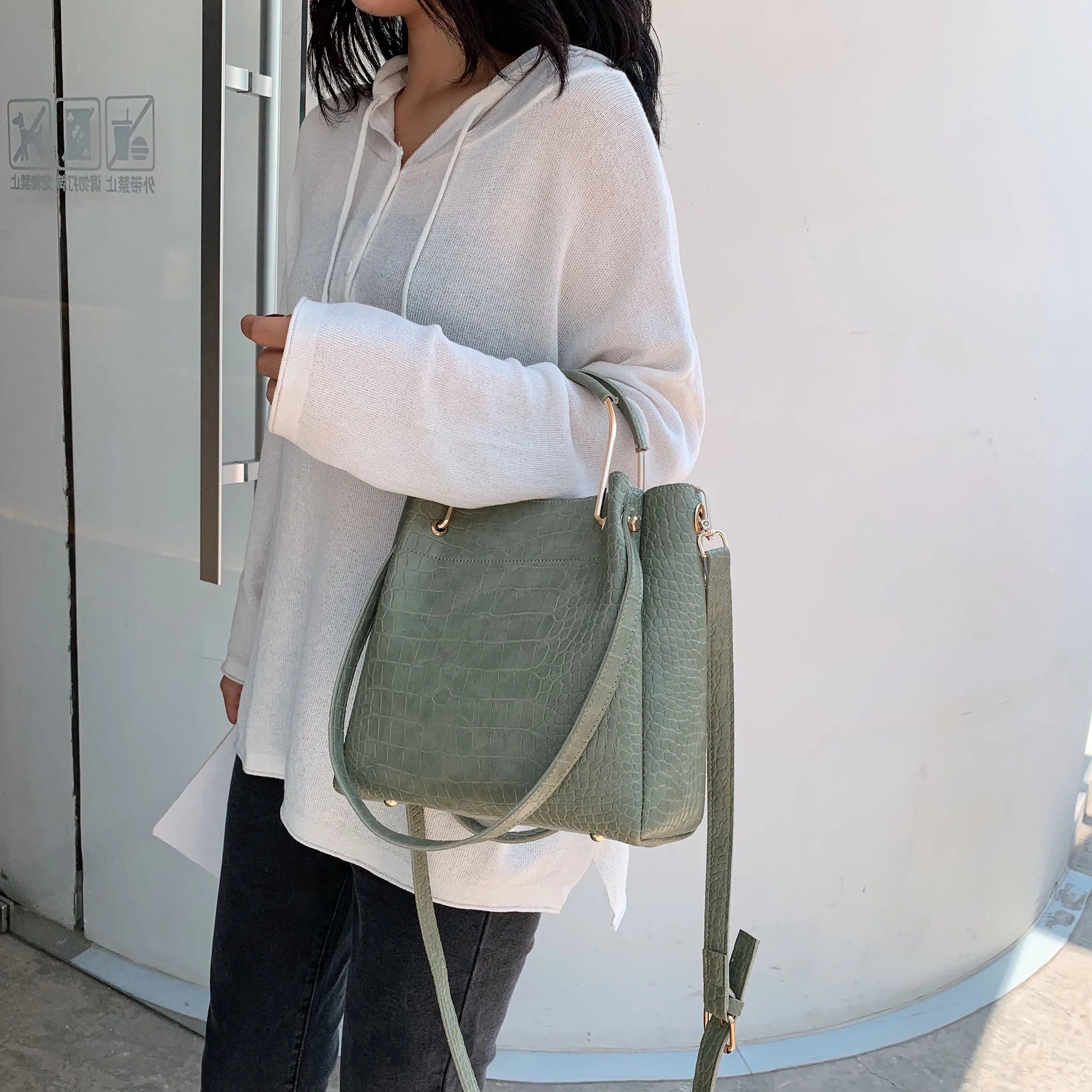 Stone Pattern PU Leather Bucket Bag