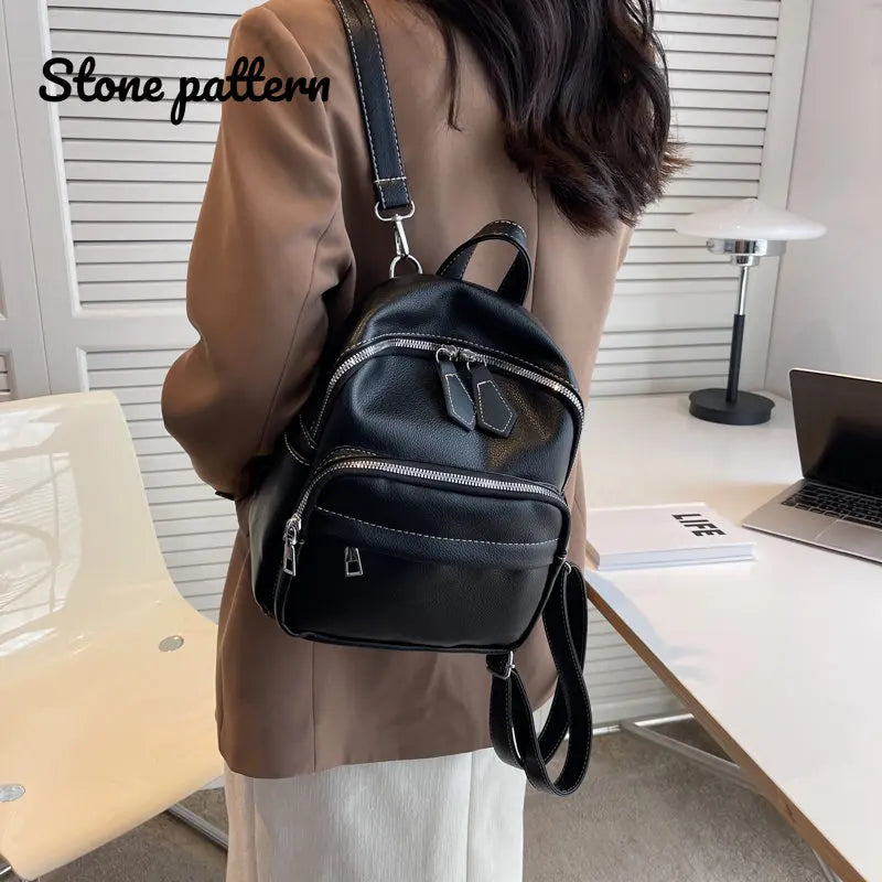 Stone Pattern PU Leather Backpack Women Travel Book Bag Girls