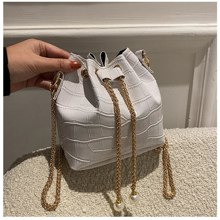 Stone-Patterned Lacquer Portable Bucket Bag
