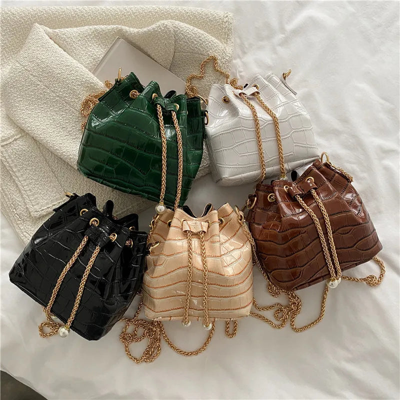 Stone-Patterned Lacquer Portable Bucket Bag