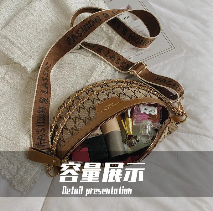 Canvas Crossbody Bag Plaid Pattern Fanny Pack for Women Chain Waist Pack