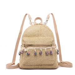 Tassel Weaved Straw Backpack for Women Girls Travel Beach Bags