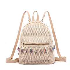 Tassel Weaved Straw Backpack for Women Girls Travel Beach Bags