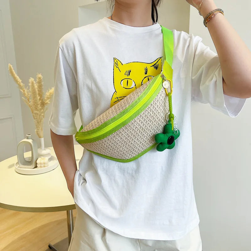 Straw Bag Beach Women Waist Bag Pack Purse Casual Large Phone Belt Bag Pouch