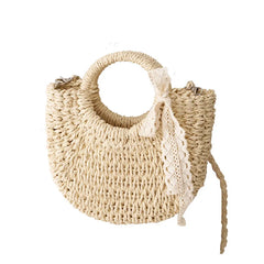 Straw Bag Women Hand-Woven Handbag Moon Shape Rattan Bag Big Capacity