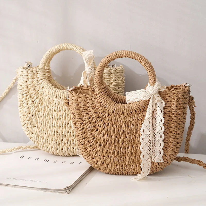 Straw Bag Women Hand-Woven Handbag Moon Shape Rattan Bag Big Capacity