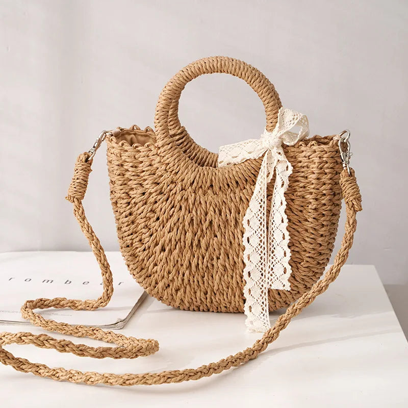 Straw Bag Women Hand-Woven Handbag Moon Shape Rattan Bag Big Capacity