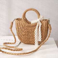 Straw Bag Women Hand-Woven Handbag Moon Shape Rattan Bag Big Capacity