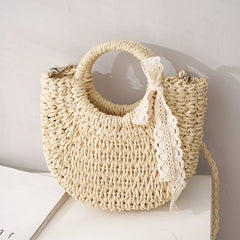 Straw Bag Women Hand-Woven Handbag Moon Shape Rattan Bag Big Capacity