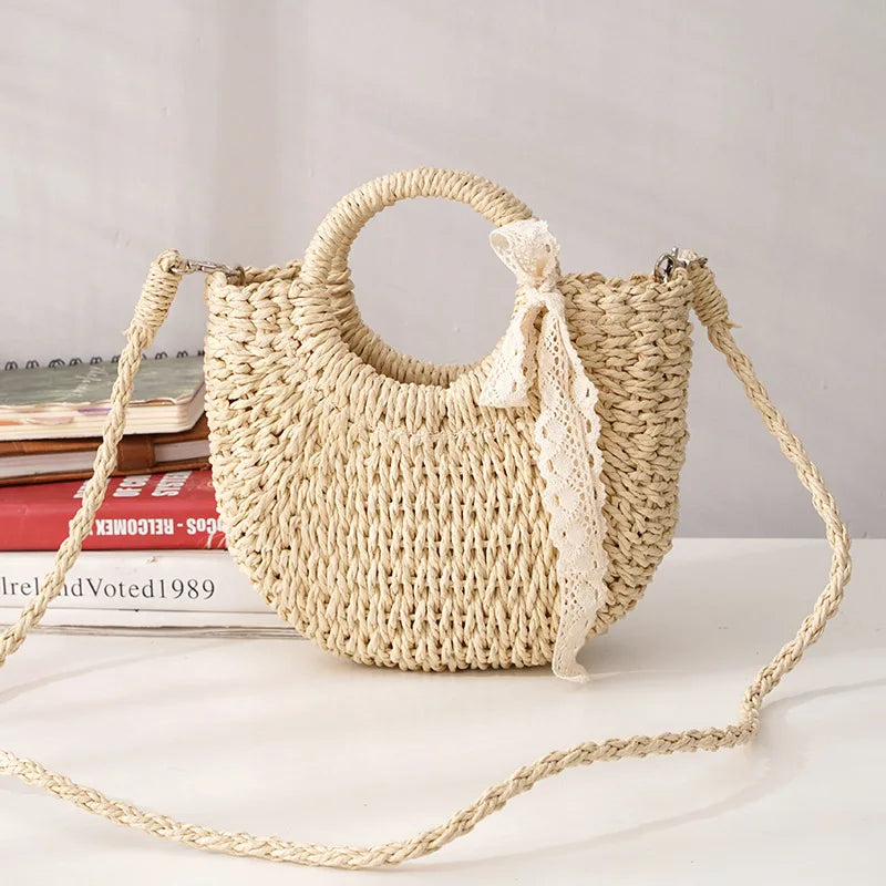 Straw Bag Women Hand-Woven Handbag Moon Shape Rattan Bag Big Capacity