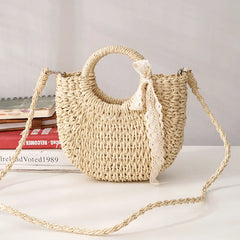 Straw Bag Women Hand-Woven Handbag Moon Shape Rattan Bag Big Capacity