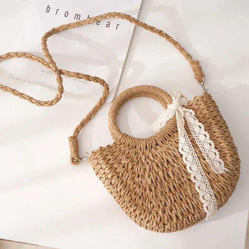 Straw Bag Women Hand-Woven Handbag Moon Shape Rattan Bag Big Capacity
