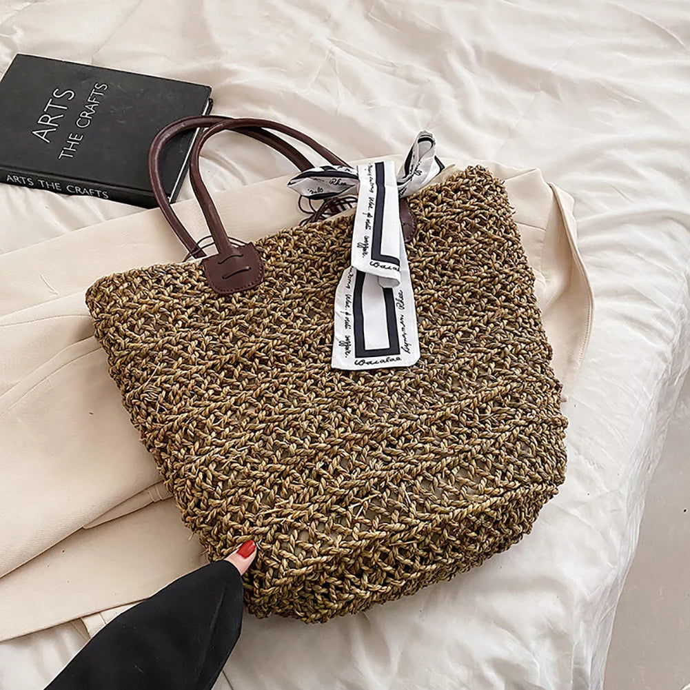 Straw Bag Women Handbag Moon Shape Lace Bow Rattan Beach Shoulder Crossbody Bag