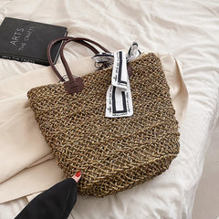 Straw Bag Women Handbag Moon Shape Lace Bow Rattan Beach Shoulder Crossbody Bag