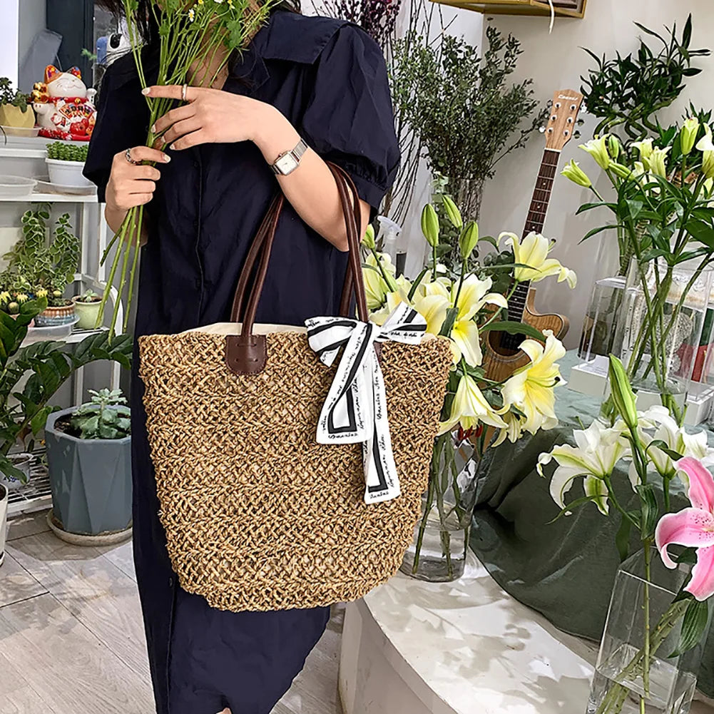 Straw Bag Women Handbag Moon Shape Lace Bow Rattan Beach Shoulder Crossbody Bag