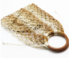 Straw Bag WovenFashion Beach Bag Handmade Cotton Woven Wood Handle
