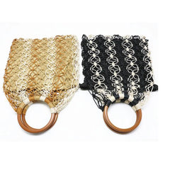 Straw Bag WovenFashion Beach Bag Handmade Cotton Woven Wood Handle