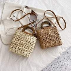 Straw Weave Tote Bag Wooden Handle Beach Shoulder Crossbody Bag