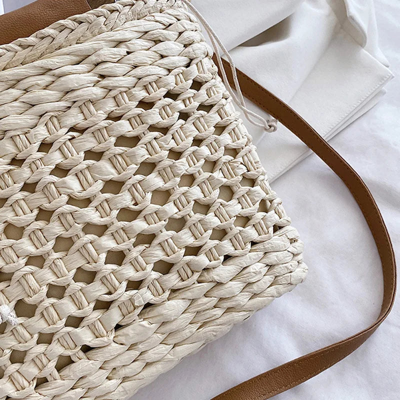 Straw Weave Tote Bag Wooden Handle Beach Shoulder Crossbody Bag