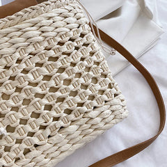 Straw Weave Tote Bag Wooden Handle Beach Shoulder Crossbody Bag