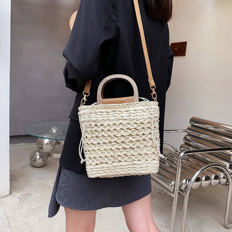 Straw Weave Tote Bag Wooden Handle Beach Shoulder Crossbody Bag