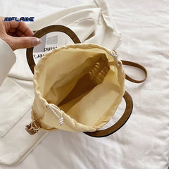 Straw Tote Bag with Wooden Handle for Beach