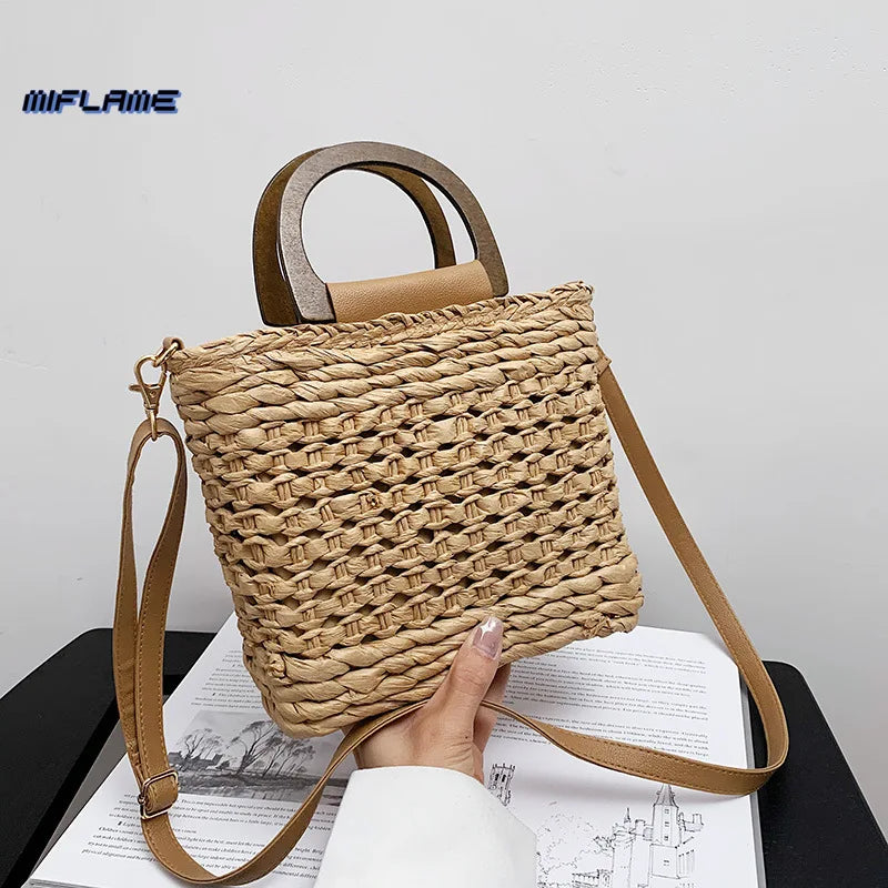 Straw Tote Bag with Wooden Handle for Beach
