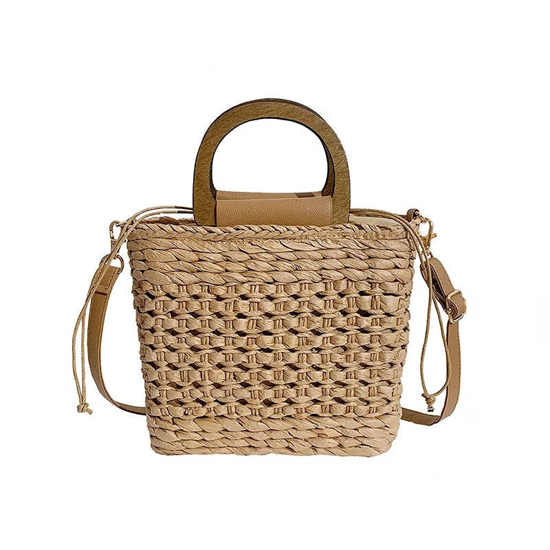 Straw Tote Bag Weave Drawstring Closure Wooden Handle Beach Shoulder Bag