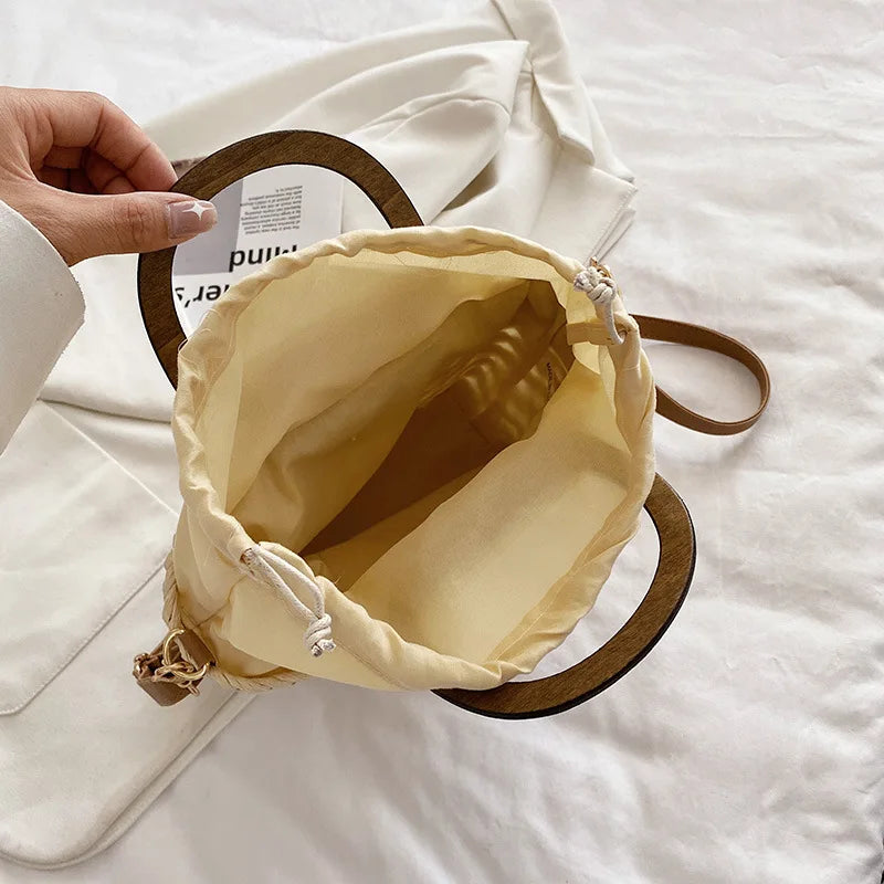 Straw Tote Bag Weave Drawstring Closure Wooden Handle Beach Shoulder Bag